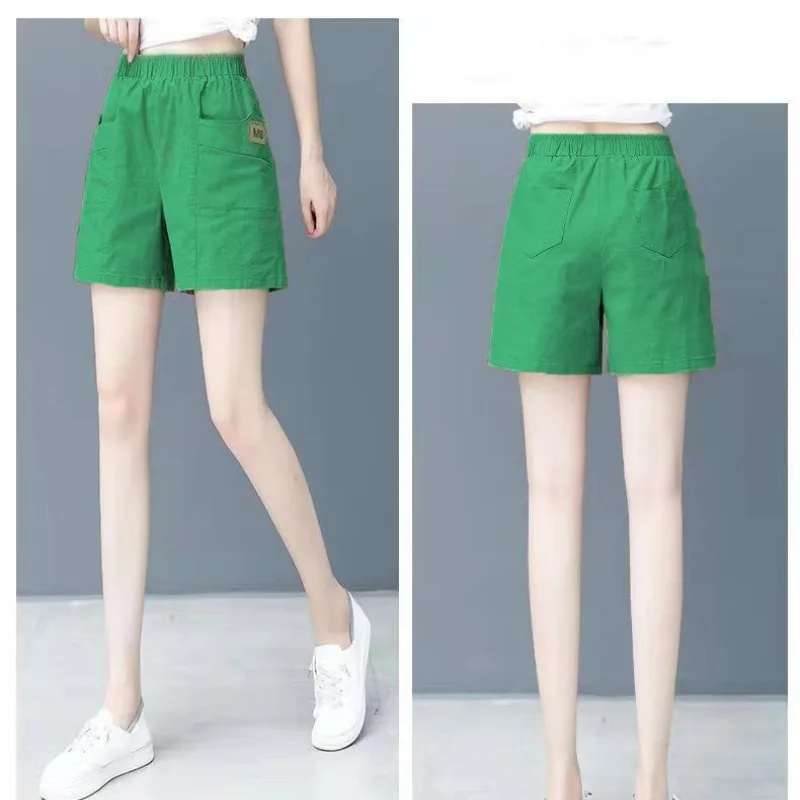 Minimali Commute Summer Thin Cotton Elastic Pants Women's Solid Spliced Pockets Epaulet Loose Straight Casual High Waist Shorts