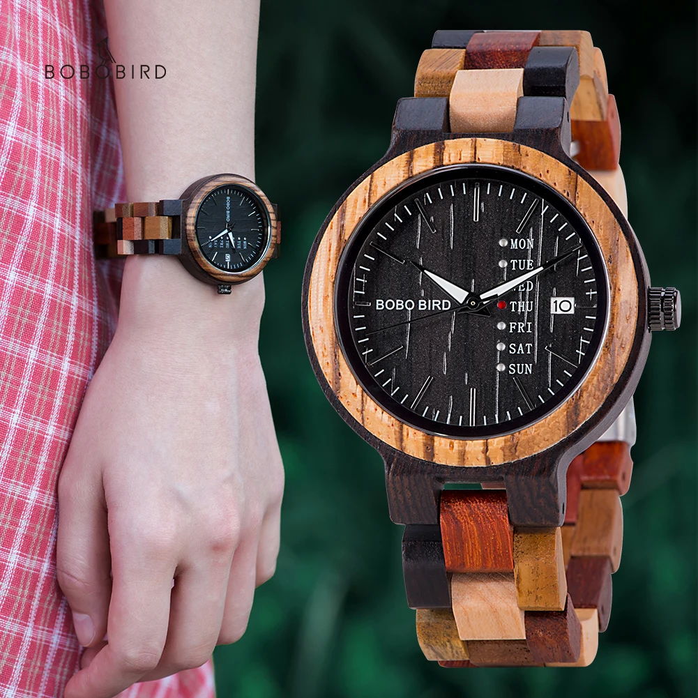 BOBO BIRD Wood Watch Men Women Quartz Week Date Couple Timepiece Colorful Wooden Band Logo Customize Gift Box Wholesale Dropship 3