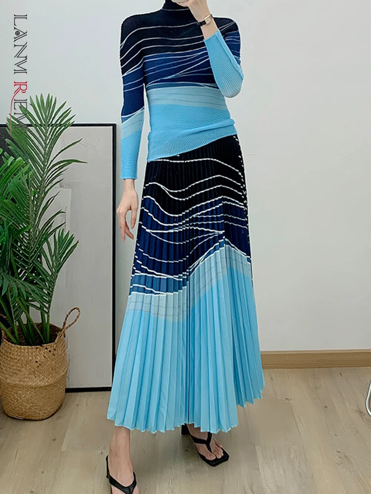 

LANMREM Fashion Striped Contrast Color Pleated Set Women Turtleneck Long Sleeves Tops A-line Skirt 2023 Autumn New 2AA2947
