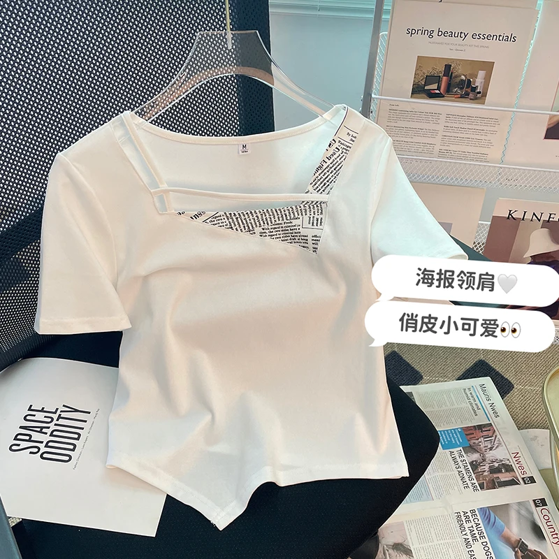 

2023 Summer New Female Clothing Y2k T-Shirts Mercerized Cotton Short-Sleeved V-Neck Elegant Ladies Tees Tops