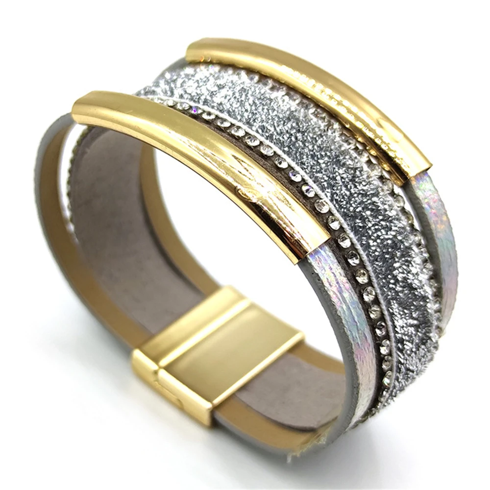 

Fashion PU Leather Bracelet for Women Charm Jewelry Shiny Rhinestone Accessories Removable Magnet Buckle Closed Female Bangle