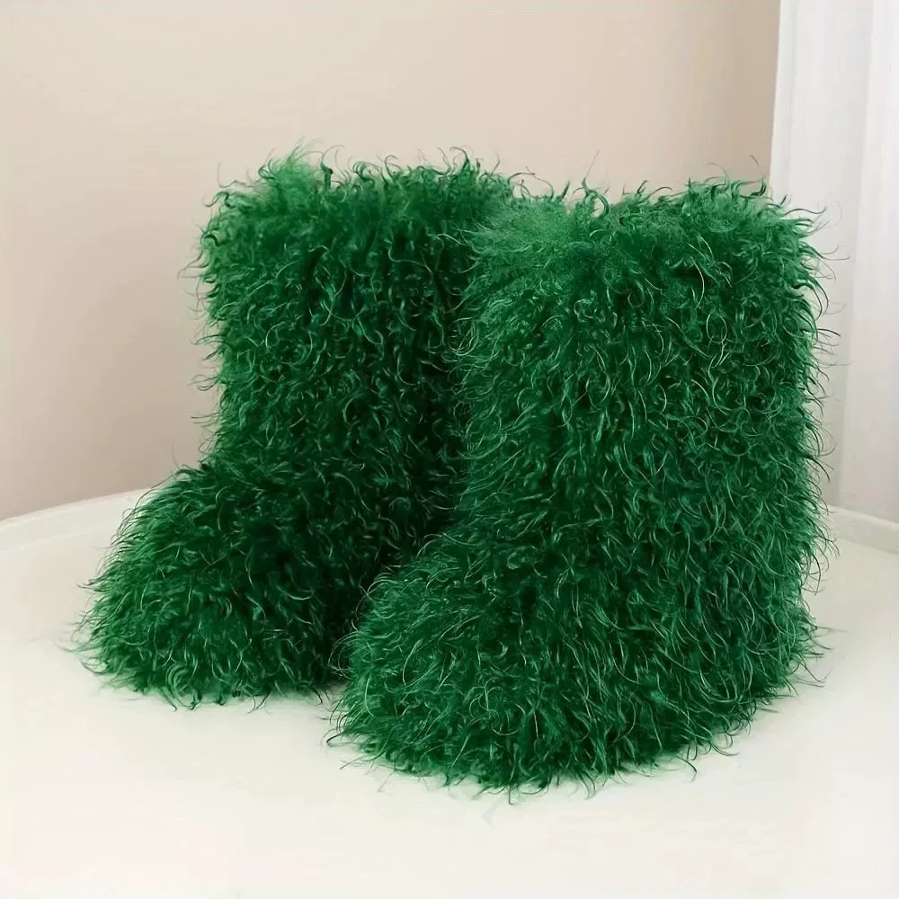 Pink Winter Fuzzy Boots Women Furry Shoes Fluffy Fur Snow Boots Plush lining Slip-on Rubber Flat Outdoor Warm Ladies Footwear