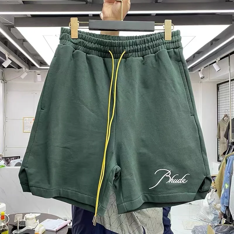 

Haze blue embroidered letter drawstring casual shorts men and women