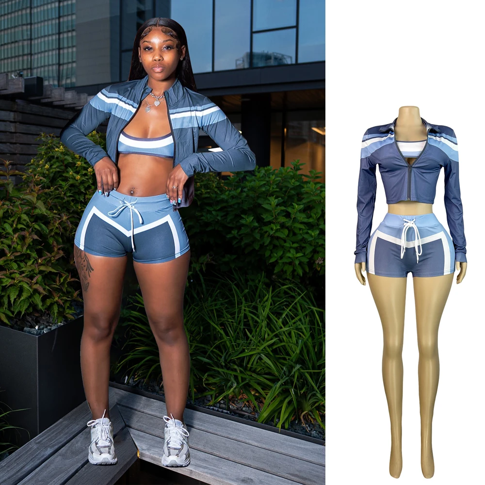 Women's 3-Piece Color Block Tracksuit Set - Sports Bra, Jacket, and Shorts