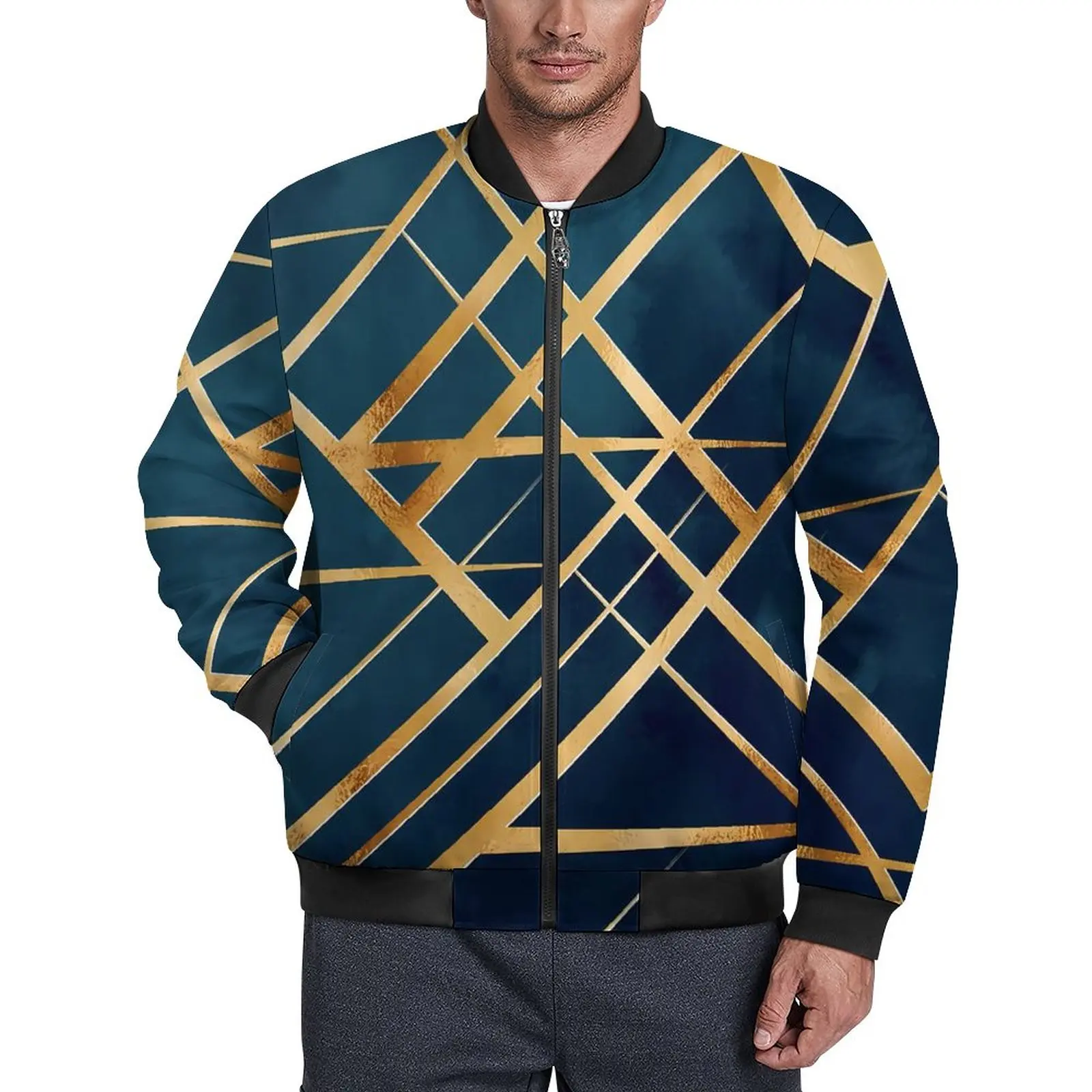 

Повседневные куртки с геометрическим принтом, золотые ветровки на молнии, мужские пальто на заказ, зимняя крутая Свободная куртка, модель 4XL 5XL