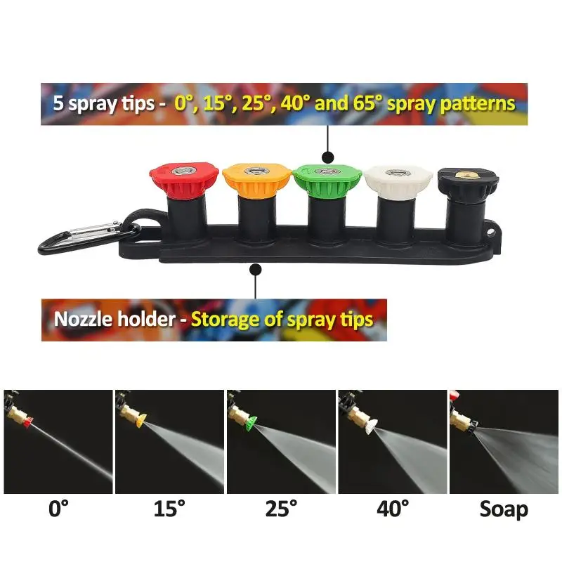 다중 각도 노즐 1/4인치 퀵 커넥트(범용 압력 세척기 팁 포함) 노즐 홀더 5가지 스프레이 노즐 팁