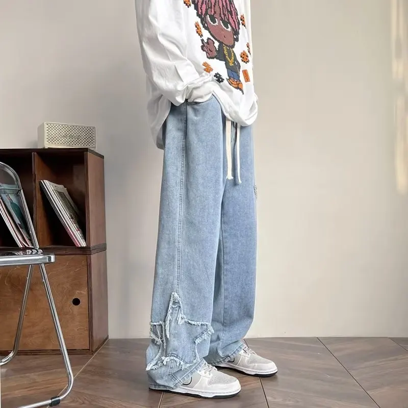 

Stars Embroidery Street Retro Oversized Jeans Washed Cotton Distressed Couples Harajuku Pants Women Wide Legs Casual Fall 2022