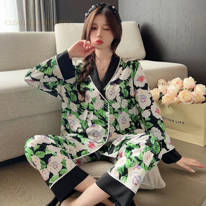 Spring Autumn Ladies Pjs Faux Silk Satin Elegant Pajama Sets Sexy