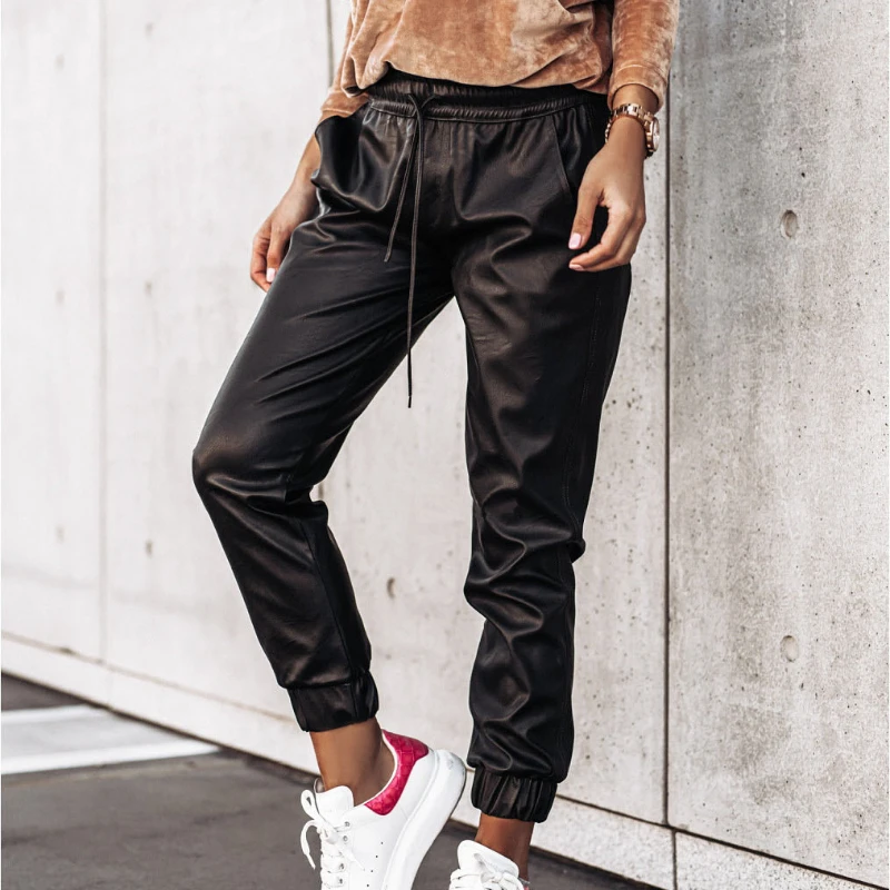 Faux Leather Slim Joggers Women Slouchy Pants Drawstring Sweatpants Ruched High Waist Beam Feet Pants Gothic Harajuku Streetwear low rise jeans Pants & Capris