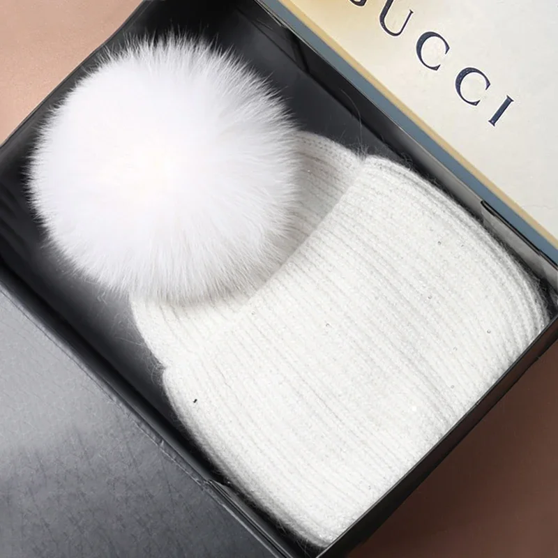 

Ladies White Pink Real Fox Fur Pom Poms Hats for Women Winter Outdoor Warm Angola Cute Skullies Beanies Wool Ski Winter Hat