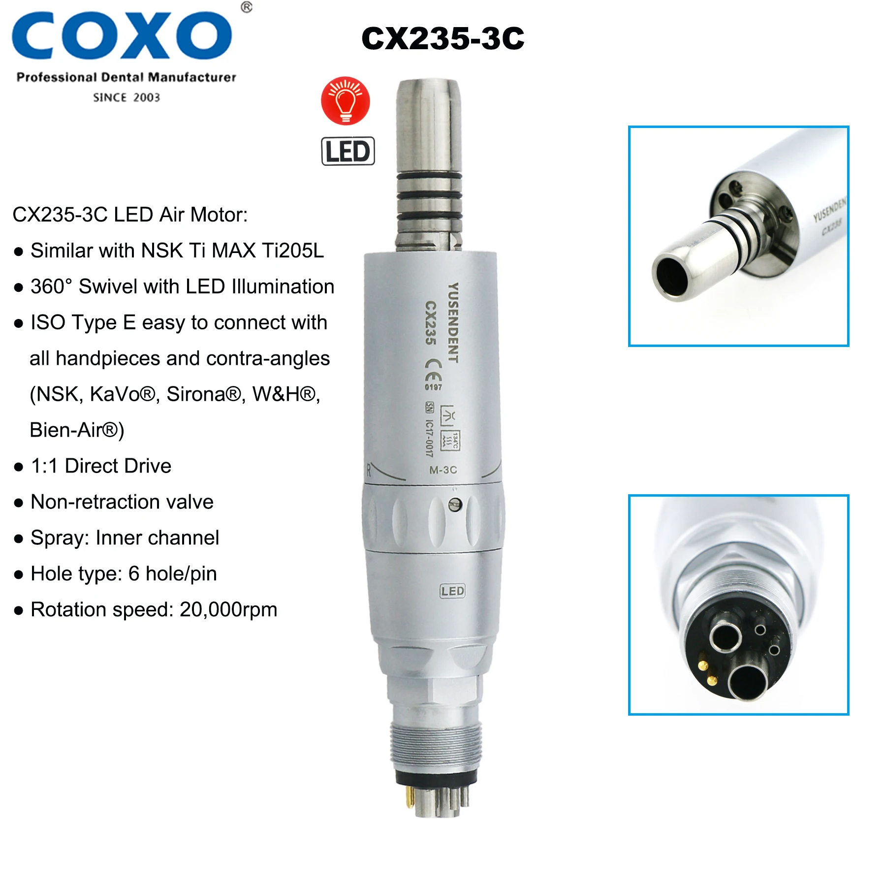Dental LED Fiber Optic Electric Contra Angle High-Speed Handpiece 1:5 1:1 (Fits KaVo/NSK/COXO, 6-Pin Connection)