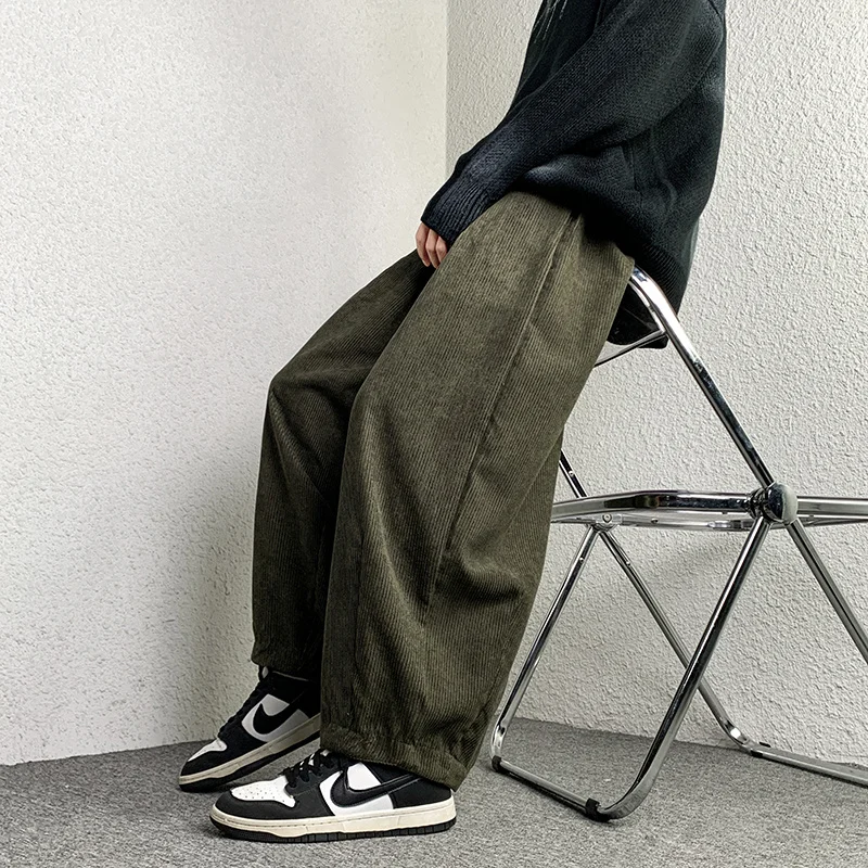 

Hybskr Men's New Loose Corduroy Pants Fashion Drawstring Streetwear Oversize Male Black Trousers Unisex Wide Leg Casual Pants