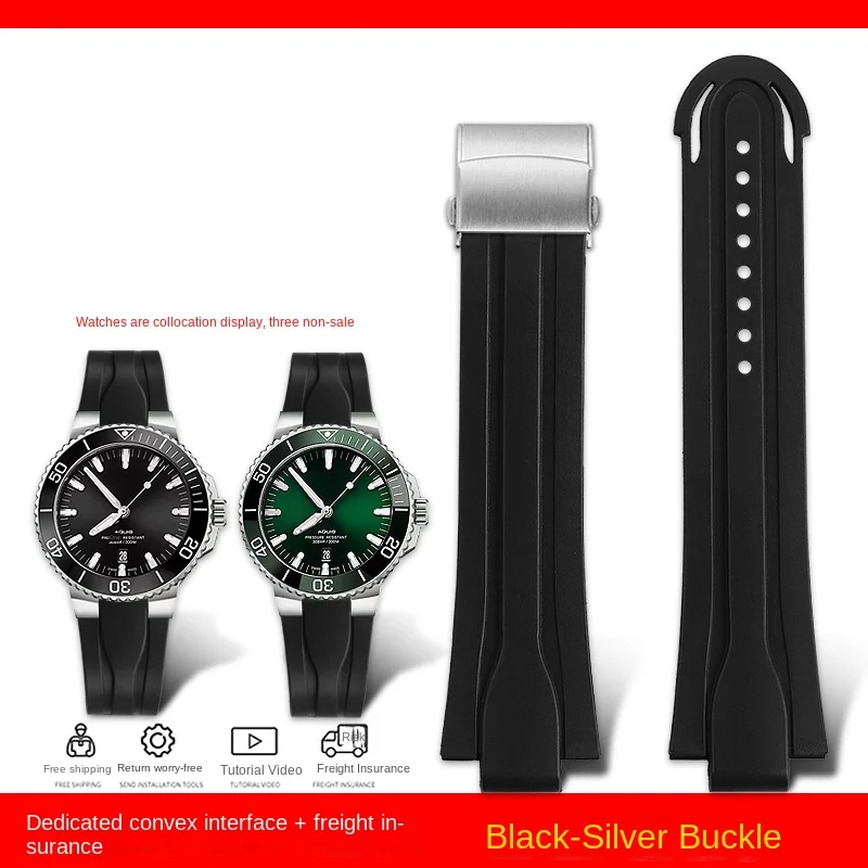 thumbnail image 1 of Cinta de reloj impermeable de goma con extremo de orejeta de 24 x 12 mm de alta calidad para buceo Oris 7730man Pulse Tape, cinta de silicona de acero inoxidable plegable, 1 of 5