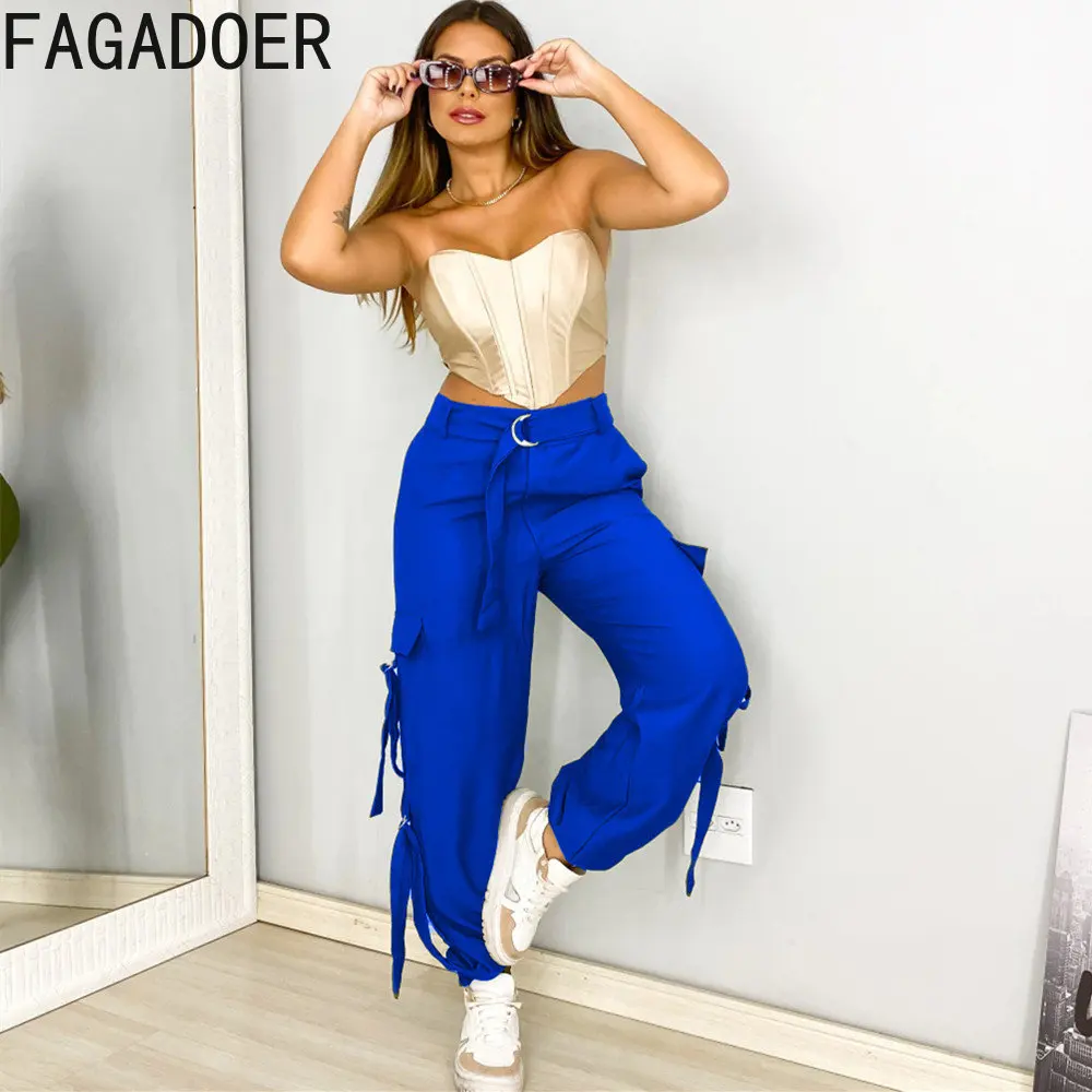 FAGADOER Fashion Street Style Women High Waisted Belt Pocket Cargo Pants Casual Solid Color Patchwork Loose Jogger Pants Bottoms