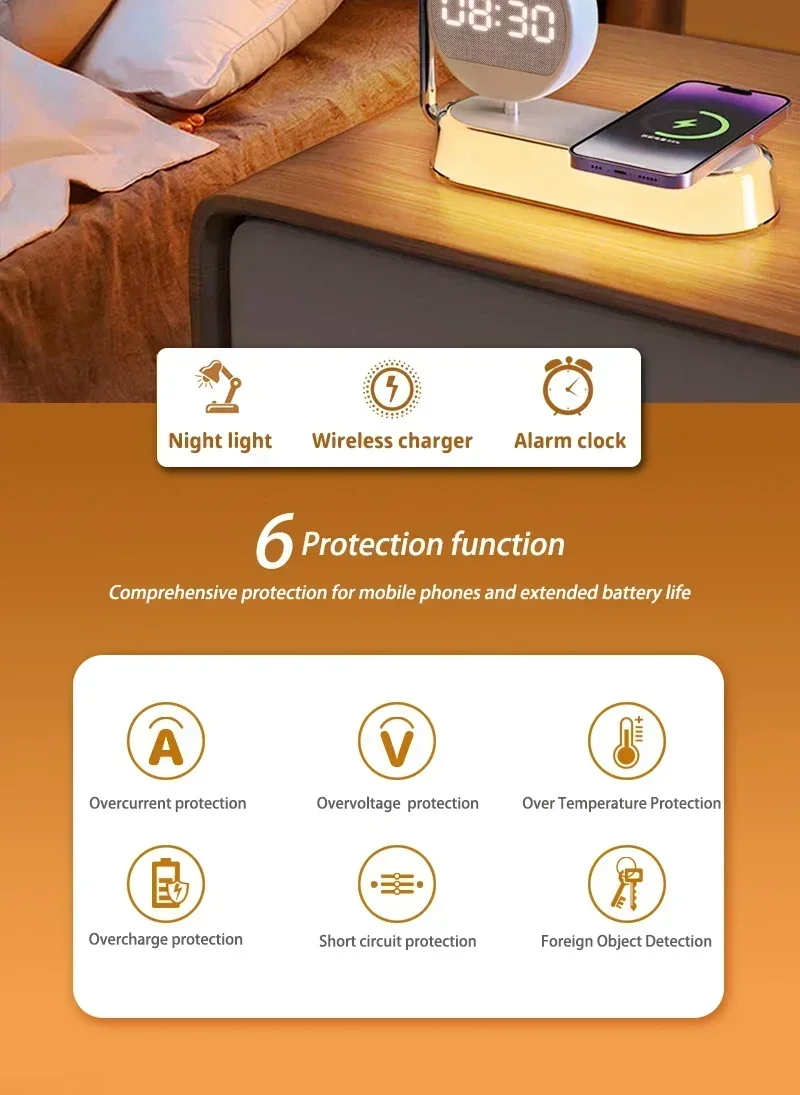 Description Picture 3 of itemLED Night Light 3 Lights 360° Rotate Clock Alarm Clock Desktop Mobile Phone Wireless Charger for Bedroom Smart Phones Room Decor