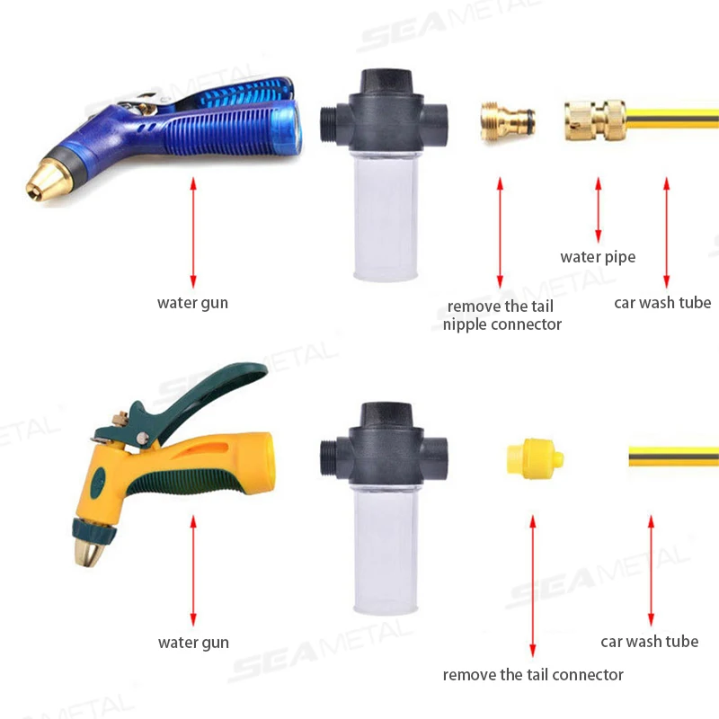 SEAMETAL Lavatrice per auto Generatore di schiuma Lavaggio di neve Schiuma Spray Bottiglia Lancia Sprinkler Pistola ad acqua ad alta pressione Ugello per tubo Strumento pulito - immagine 3