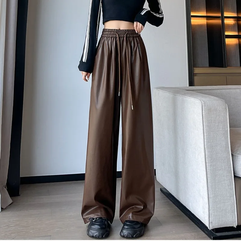 

Autumn Winter Women Black Pu Leather Hight Waist Straight Wide Leg Vintage Loose Streetwear Casual High Street Black Brown Pant