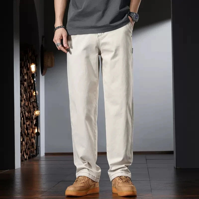 Baggy Cotton Men's Wide Leg Pants Summer Casual Beige Elastic Waist Trousers CP2262