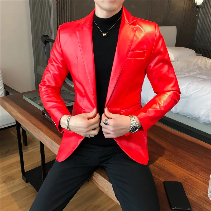 Autumn Leather Jacket Men Slim fit Casual Business Blazer Masculino Solid Color Street Wear Social PU Coat Costume Homme