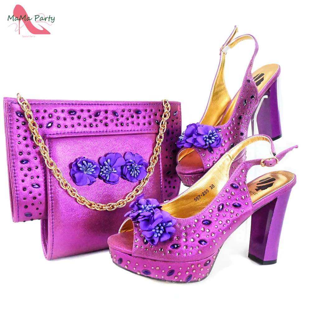 

High Quality 2024 Summer New Design in Purple Color Mature Style Italian Women Shoes and Bag Set with Platform for Wedding Party