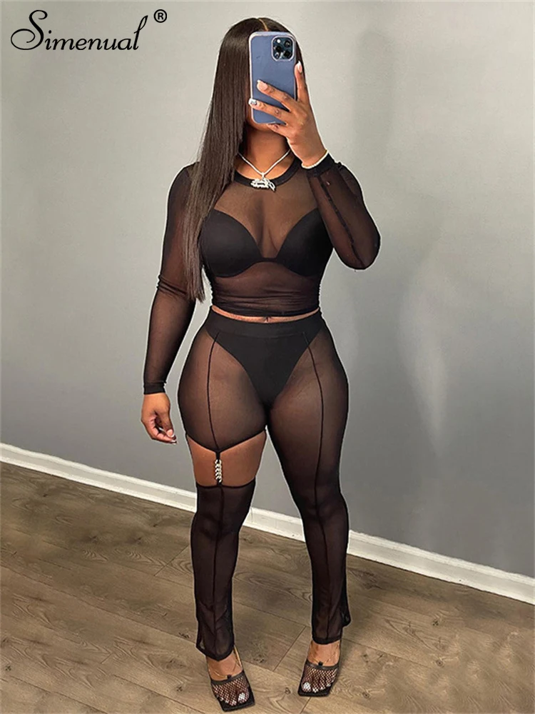 

Simenual Black Mesh Baddie Co Ord Suits Hot See Through Crop Tops Trim Hollow Out Pencil Pants Club Outfits Women Two Piece Sets