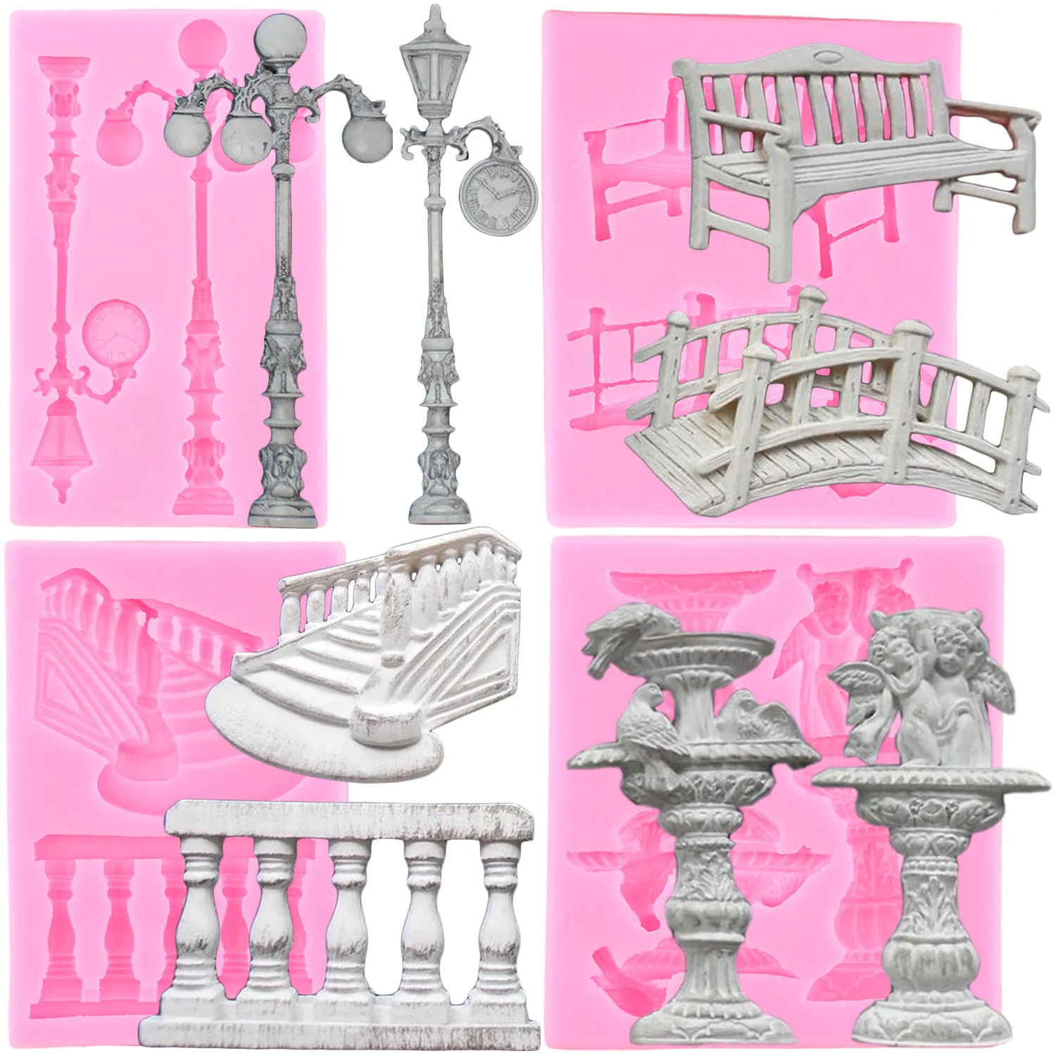 4pcs Fountain Street Lamp Silicone Mold Bench Bridge Fondant Molds Staircase Railing Cake Decoration Candy Clay Chocolate Mould