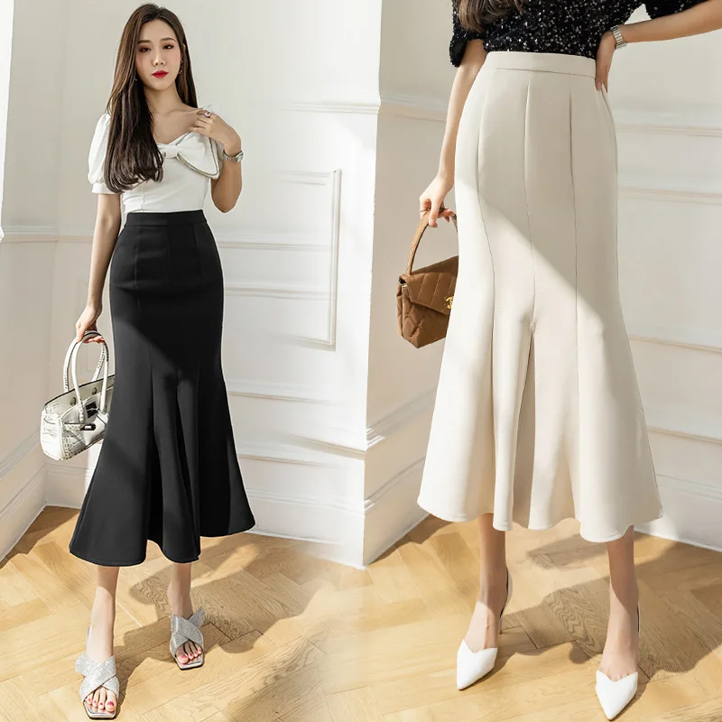 

Women Elegant Skirts Korean Fashion Office Black Long Summer Skirt Womans High Waist Dresses 2023 New Female Midi Dress