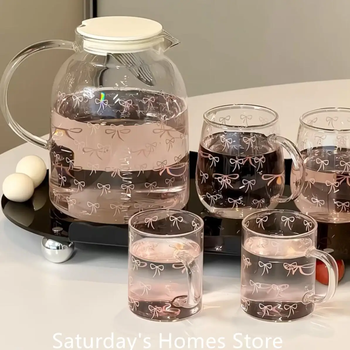 Bow Patter Water Glass Bottle Teapot Glass Cup Bow Handle Heat Resistant Lover Tea Sets Kettle Water Cup Bottle
