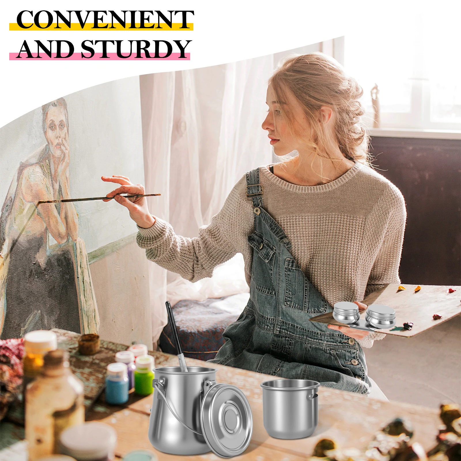 Oil Painting Brush Washer Stainless Steel Paint Brush Washing Bucket with Double Dipper Palette Cup and Filter for Student Artis