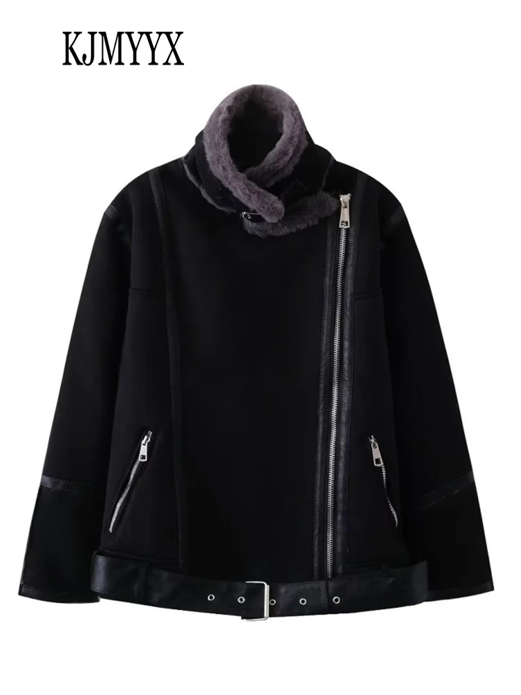 

KJMYYX 2023 Winter Women's Jacket Coat Female Thick and Warm Faux Leather Belt Jacket Women Fashion Streetwear Tops Beige Black