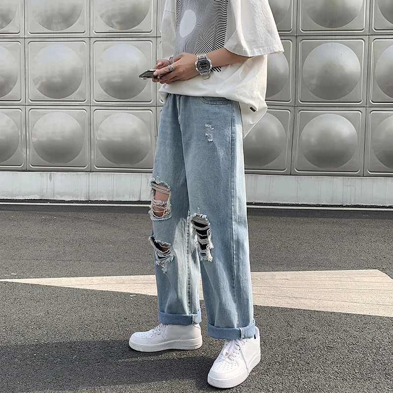 High Street Ripped Jeans Male Ins Tide Brand Hip-hop Wide-leg Pants Summer Thin Section Straight Loose Casual Old Pants