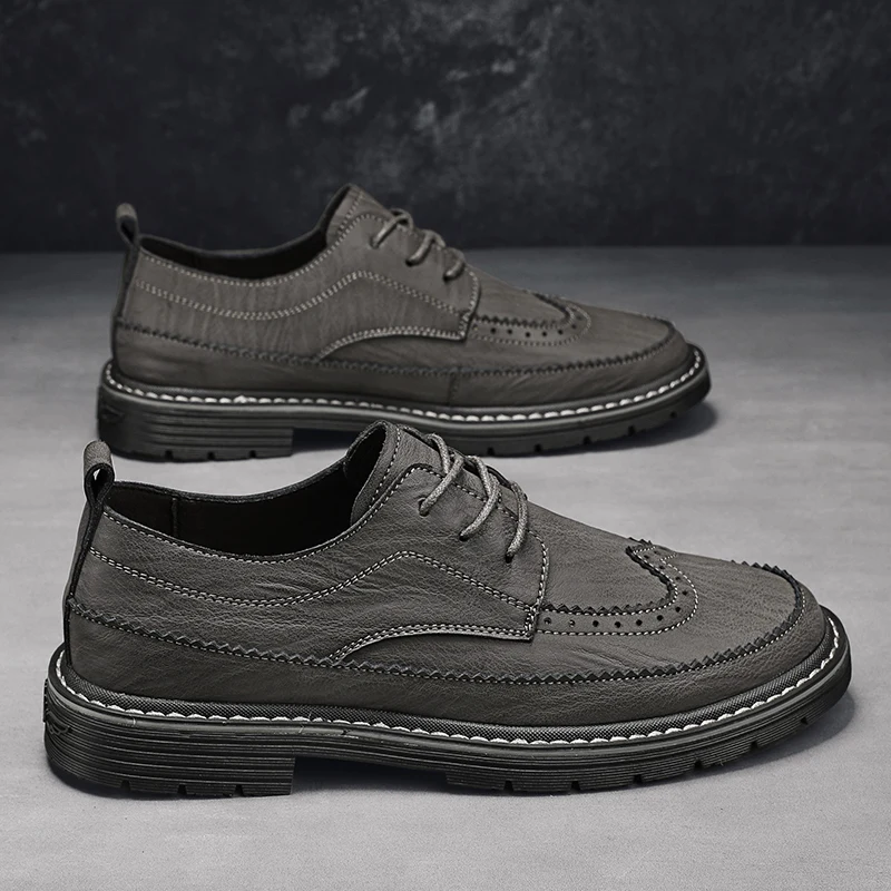 2023 New Business Men's Casual Flat Shoes Soft and Comfortable Pure Manual Sewing Lace Up Solid Color Fashion Walking Shoes