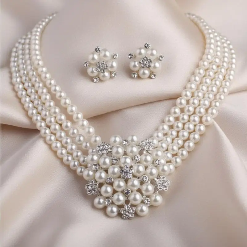 Rhinestone and Faux Pearls Necklace Set for Women Perfect for Wedding Bridal and Formal Events