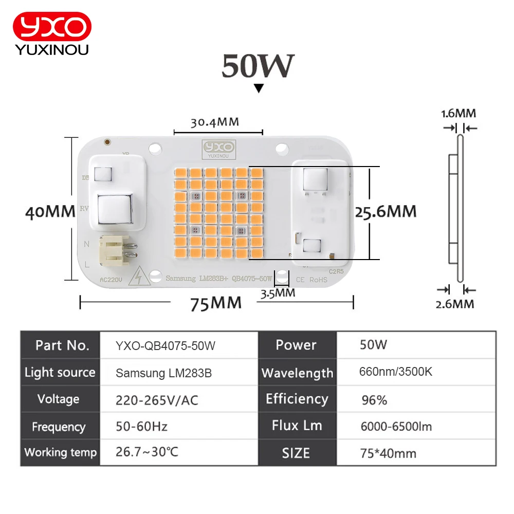 Led Grow Light YXO Hydroponice AC 220V 20w 30w 50w Dob Cob Chip Full Spectrum 380nm-780nm For Indoor Plant Seedling Grow Flower