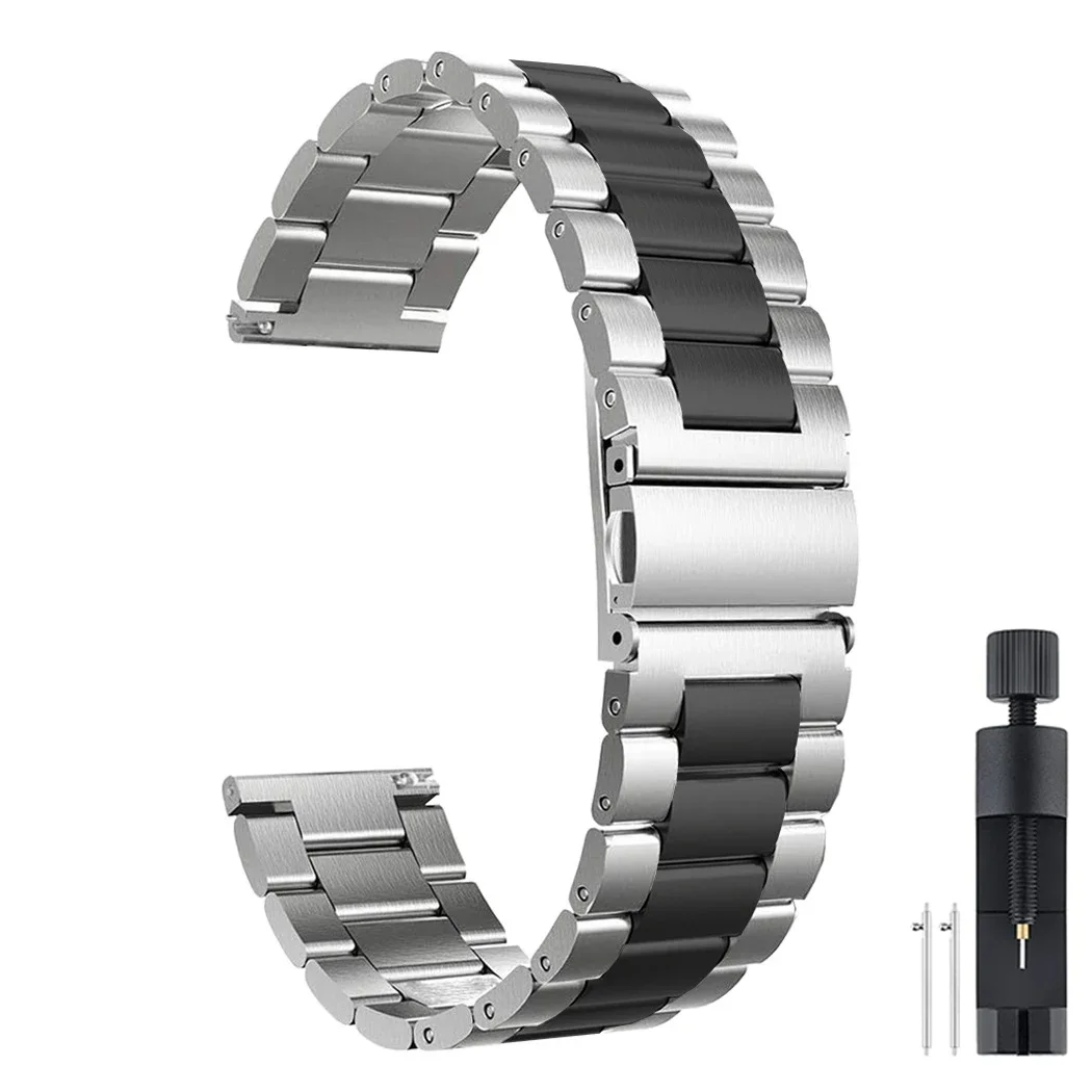 Premium 22mm Stainless Steel and Leather Watch Band Bracelet