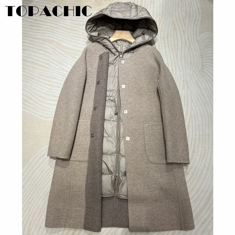 

11.3 TOPACHIC Women's Temperament Keep Warm Lining Down Vest Detachable 2 Piece Set Hooded Wool Mid Length Goose Down Coat