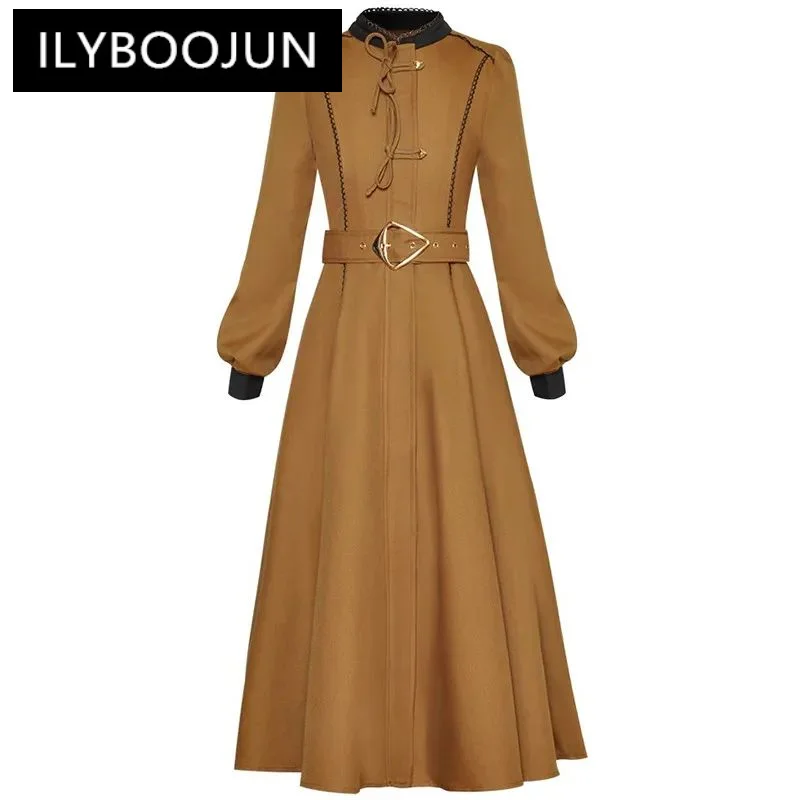 

ILYBOOJUN Fashion Autumn Winter Women's dress Standing collar Single breasted Lantern Sleeve Lace up Elegant Windbreaker Dresses