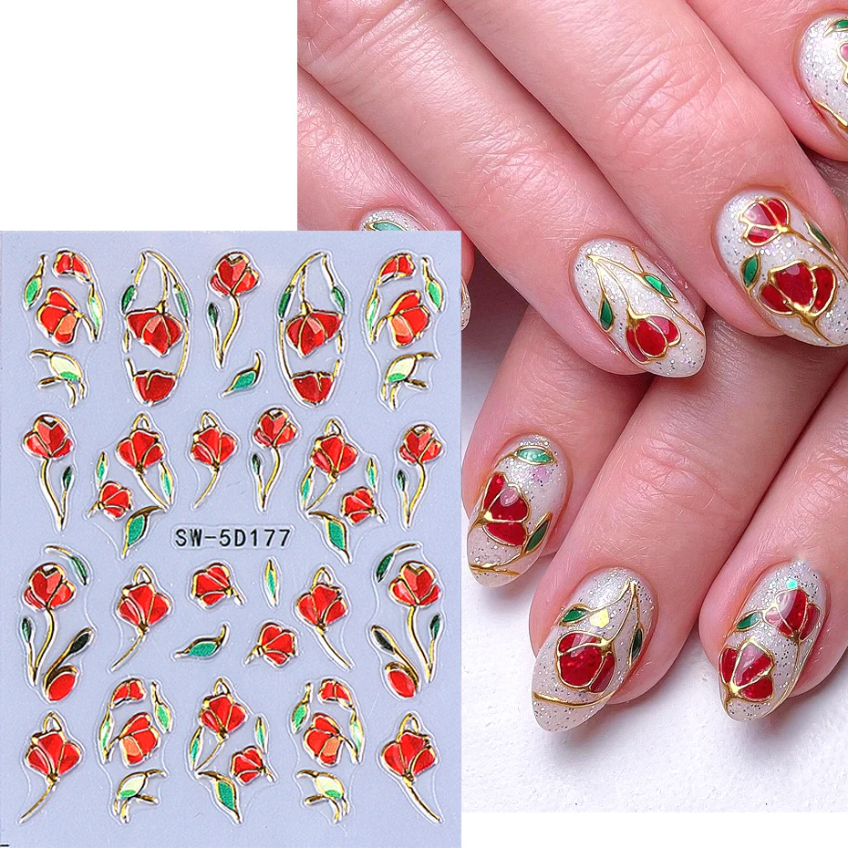 5D Metallic Gold Line Petal Nail Art Sticker Red Glossy Floral Frame Nail Supplies Decals With Glitter Elegant Flowers Manicure