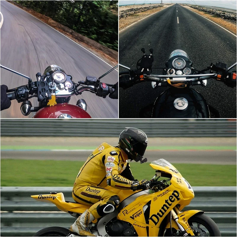 A collage of three motorcycle-related images: two POV shots from the handlebars on different roads, and one motorcyclist in yellow racing gear riding on a track with a Helmet Camera Holder.