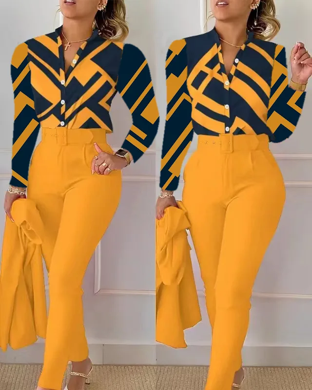Shirt Pants Set Women Elegant Fashion V Neck Floral Print Long Sleeve High Waist Two Piece Set Office Lady Casual Trousers Suits