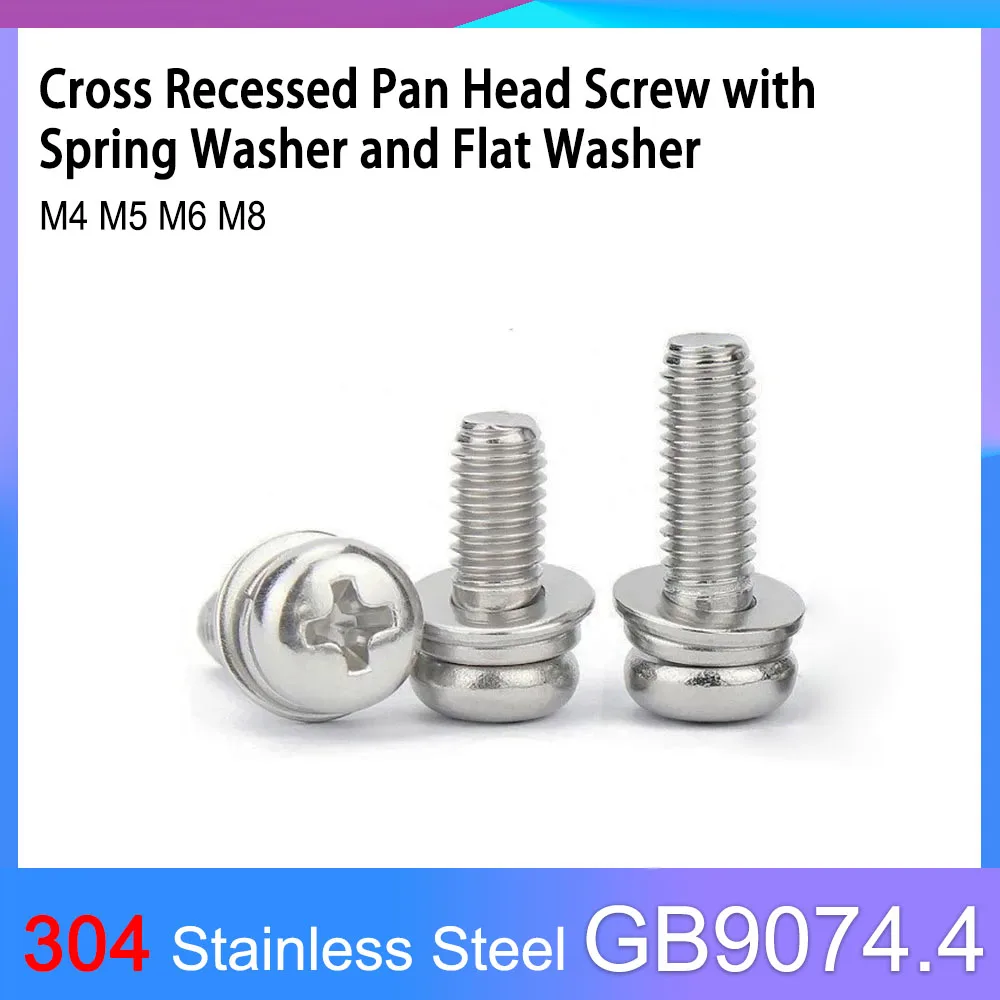 

GB9074.4 304 Stainless Steel Cross Recessed Pan Head Screw with Spring Washer and Plain Gasket Combination Screws M4 M5 M6 M8