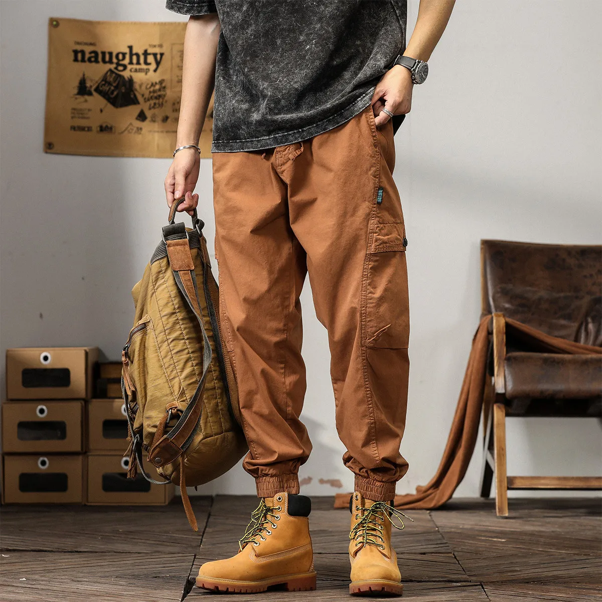 Elmsk Men's Japanese loose oversized workwear pants, spring and autumn new fashion elastic waist elastic ankle wide edition Harl elmsk men s spring summer thin workwear pants japanese fashion brand loose personalized spliced elastic casual pants simple and