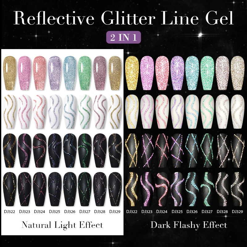 MEET ACROSS 6Pcs/Set Sparkly Reflective Line Gel Nail Polish Glitter Superflash Nail Art Liner Gel DIY Painting Drawing Gel Kit 6