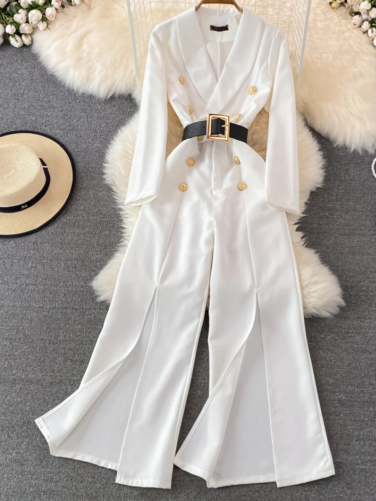 

Autumn Casual Office Fashion Women White Jumpsuit Elegant Slim Vintage Business Wide Leg Trousers Overalls Femme Rompers New