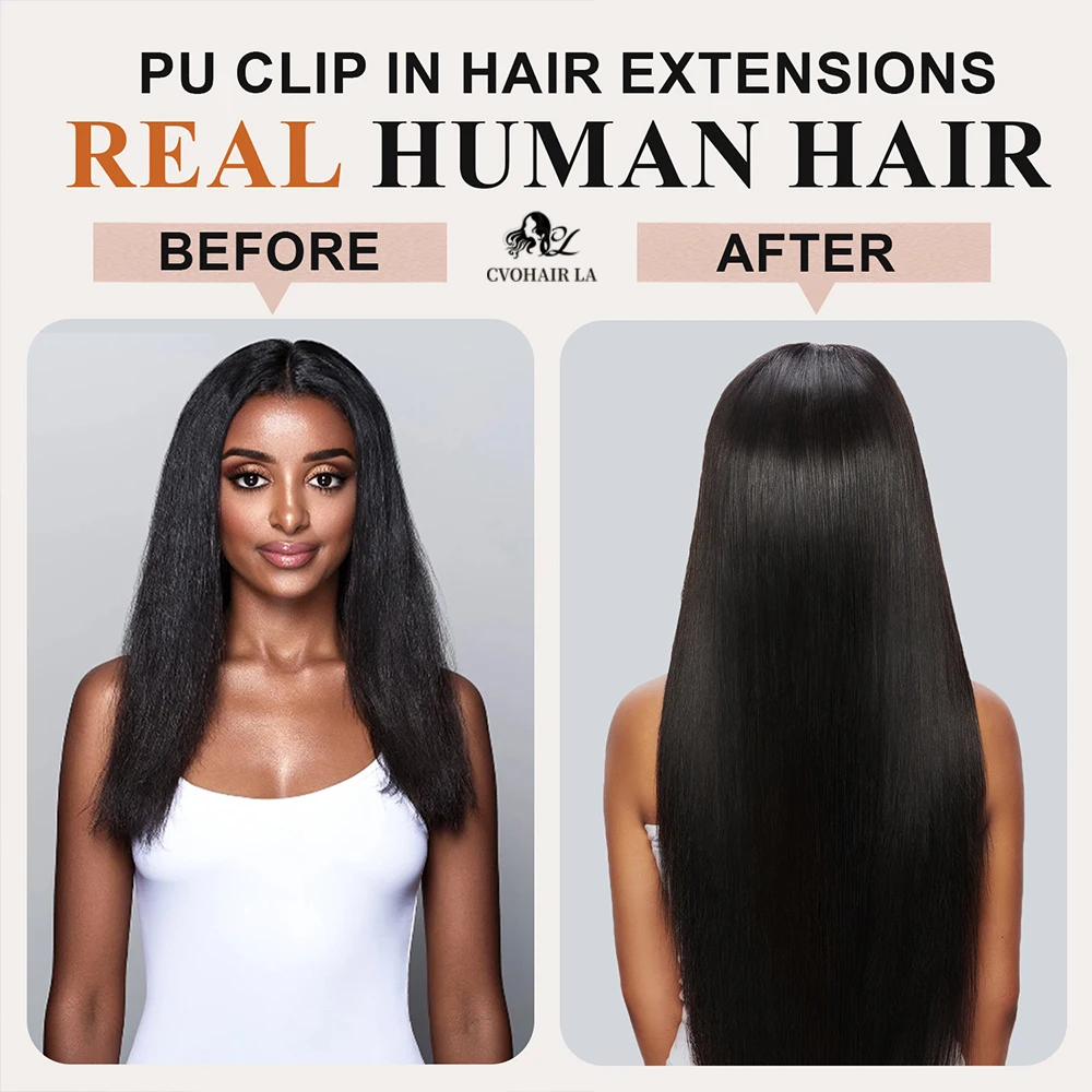 Straight Seamless Clip Ins 100％ Human Hair Extensions PU Clip Ins Hair Extension For Women Full Head 120g Natural Black Color