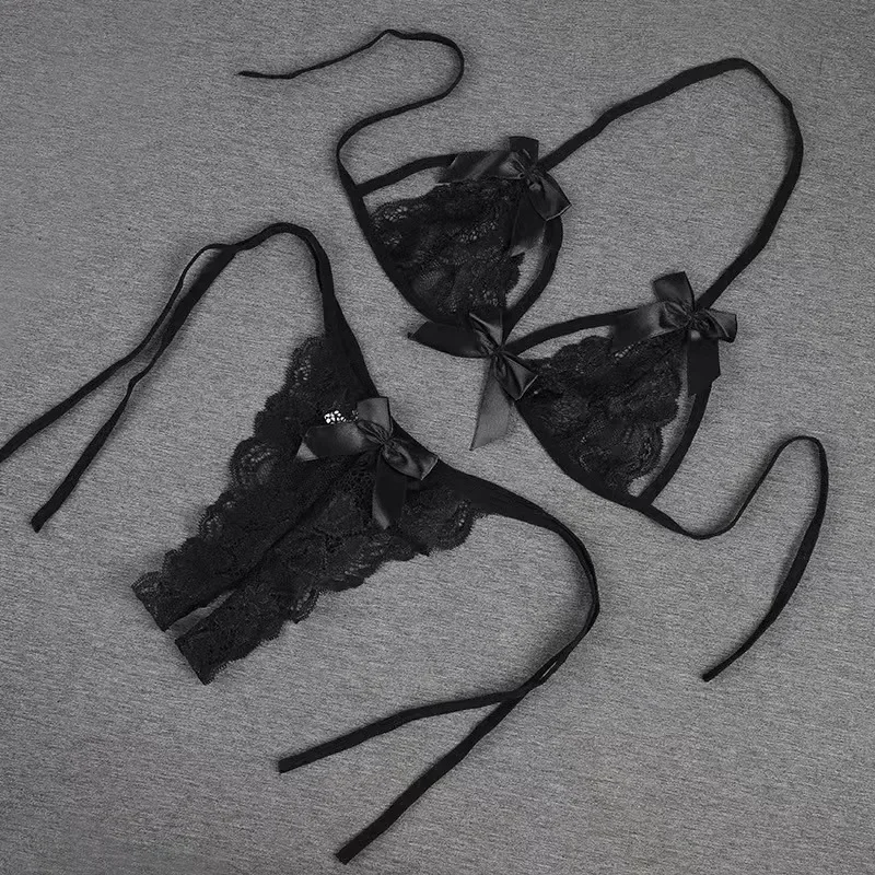 Women Lingerie Detachable Three Point Two-piece Set Sexy Open Crotch Mini Panties Seductive Lace Thong Strap Underwear