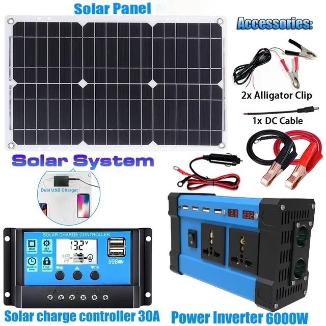 Kit d'onduleur solaire 6000W, production d'énergie complète, panneau solaire 600W, système 110V/220V, panneau solaire 12V, contrôleur de charge de batterie 1