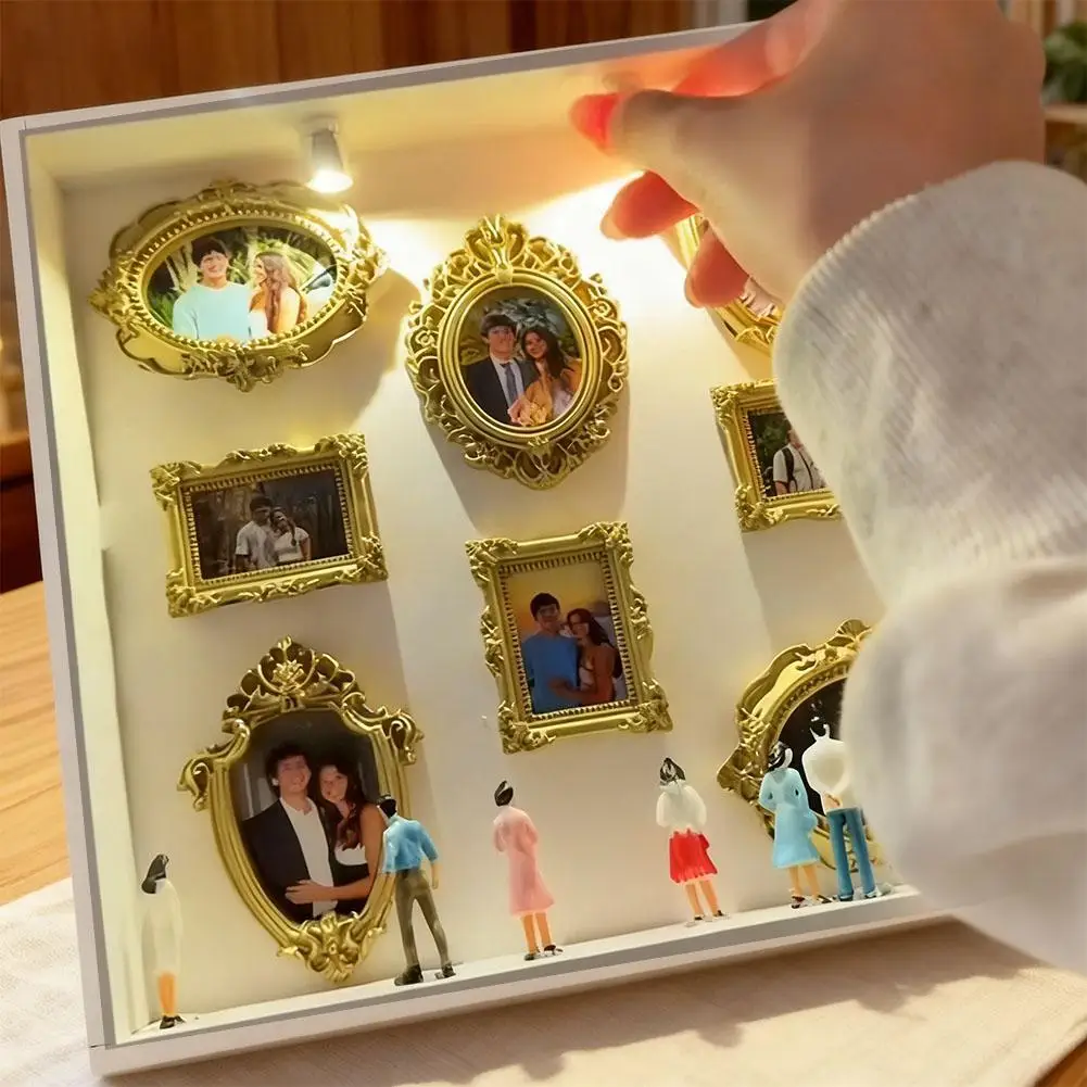 Mini Museum Photo Album: Stylish Memory Display Kit with Miniature Statue and Gold Frame