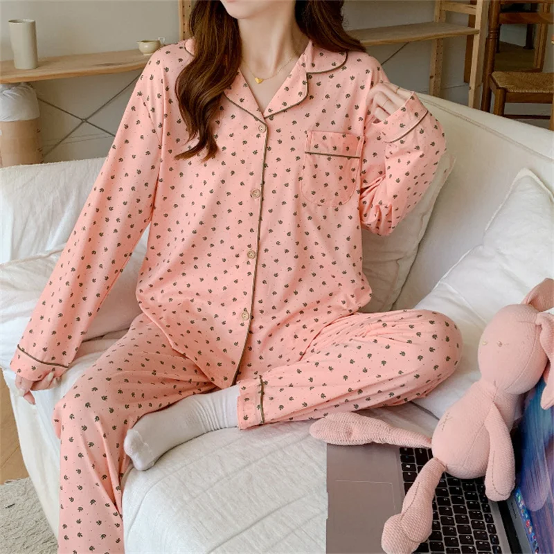 Spring Autumn Women's Thin Pajamas Lapel Long Sleeve Cardigan Pants Loose Casual Home Clothing Set Girls Sweet Printed Sleepwear