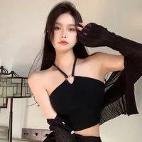Korean Women Tank Tops  Solid Color Halter Sweet Camisole Slim Sexy Exposed Navel Crop Top - Image 4